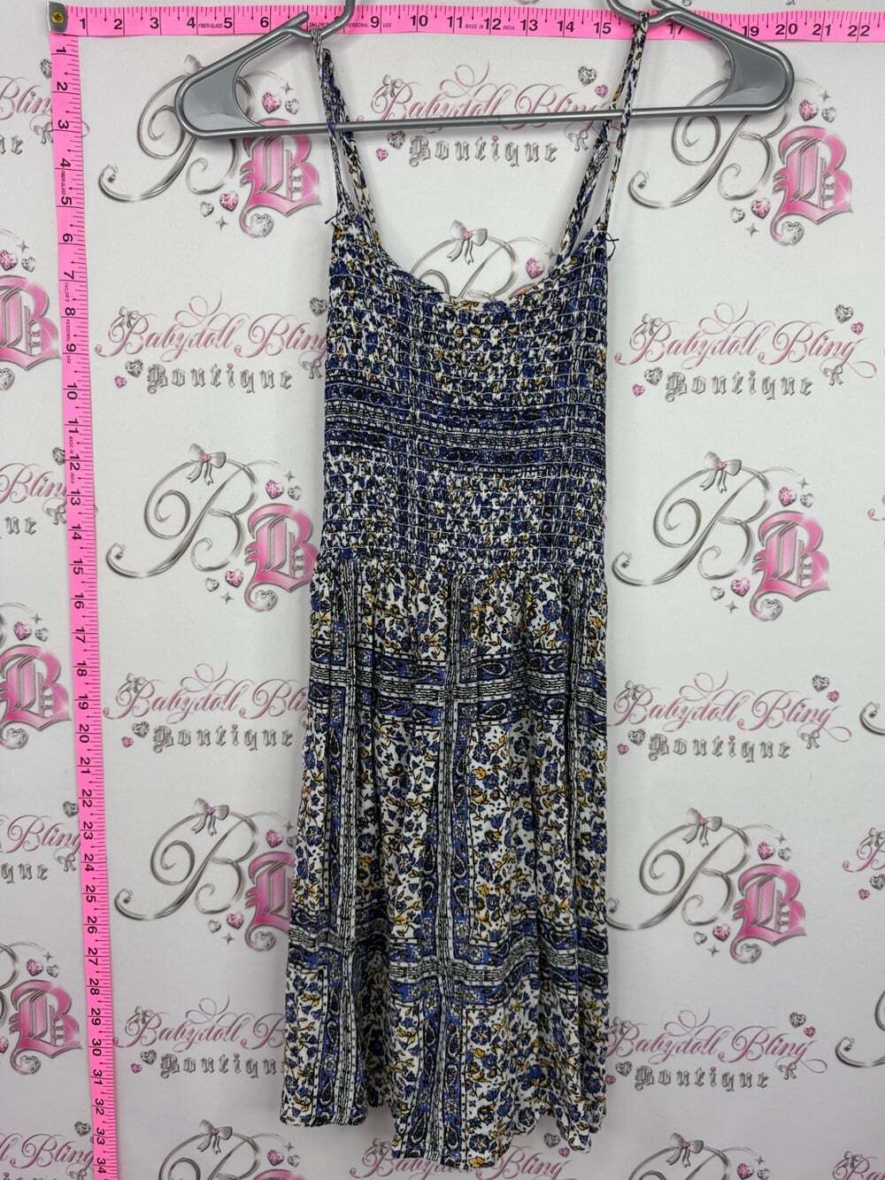 Forever 21 Blue and White Smocked Floral Mini Dress flowy flowers yellow